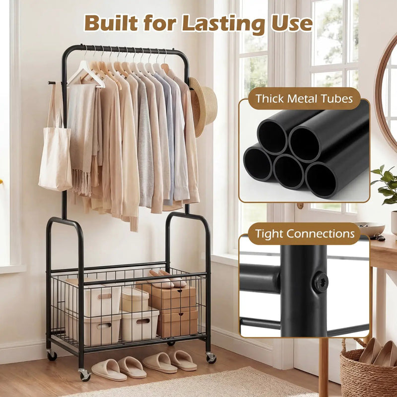 Rolling Metal Clothes Rack with Hanging Rod and Storage Basket by DirectDeals