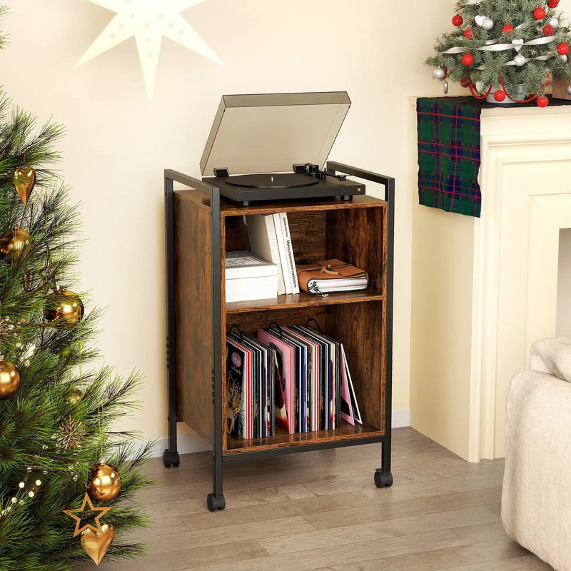 Mobile Record Player Stand with Power Outlet-Rustic Brown by DirectDeals