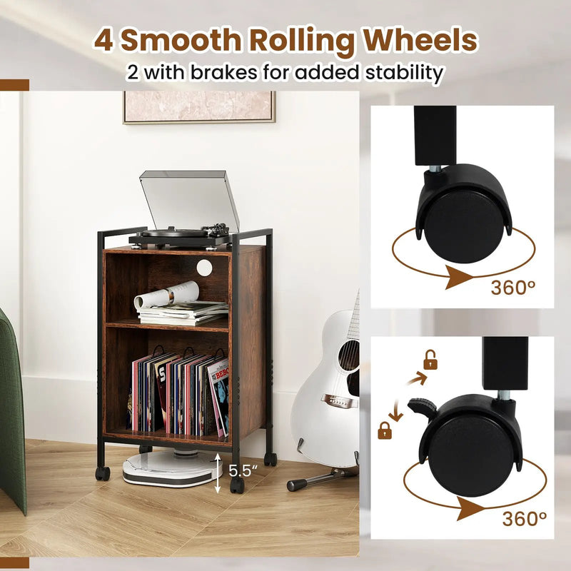 Mobile Record Player Stand with Power Outlet-Rustic Brown by DirectDeals