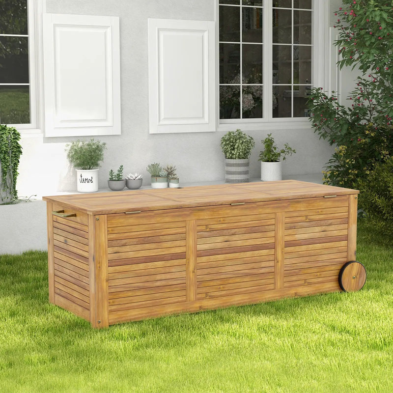 Rolling Patio Wooden Deck Box with 2 Wheels and Side Handle for Outdoor by DirectDeals