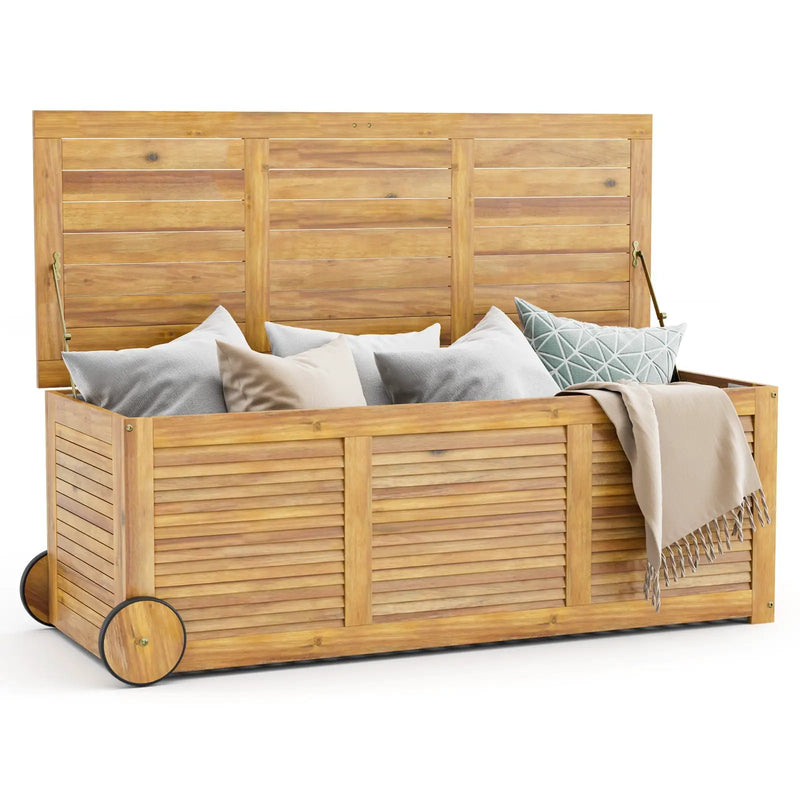 Rolling Patio Wooden Deck Box with 2 Wheels and Side Handle for Outdoor by DirectDeals
