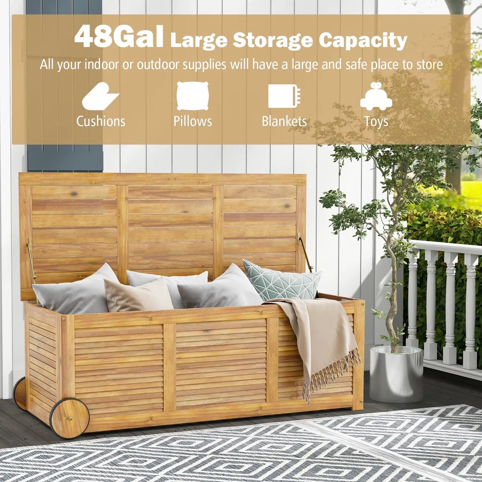 Rolling Patio Wooden Deck Box with 2 Wheels and Side Handle for Outdoor by DirectDeals
