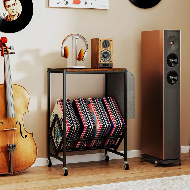 Rolling Record Player Stand 2-Tier with Vinyl Storage and Magazine Holder Bag by DirectDeals