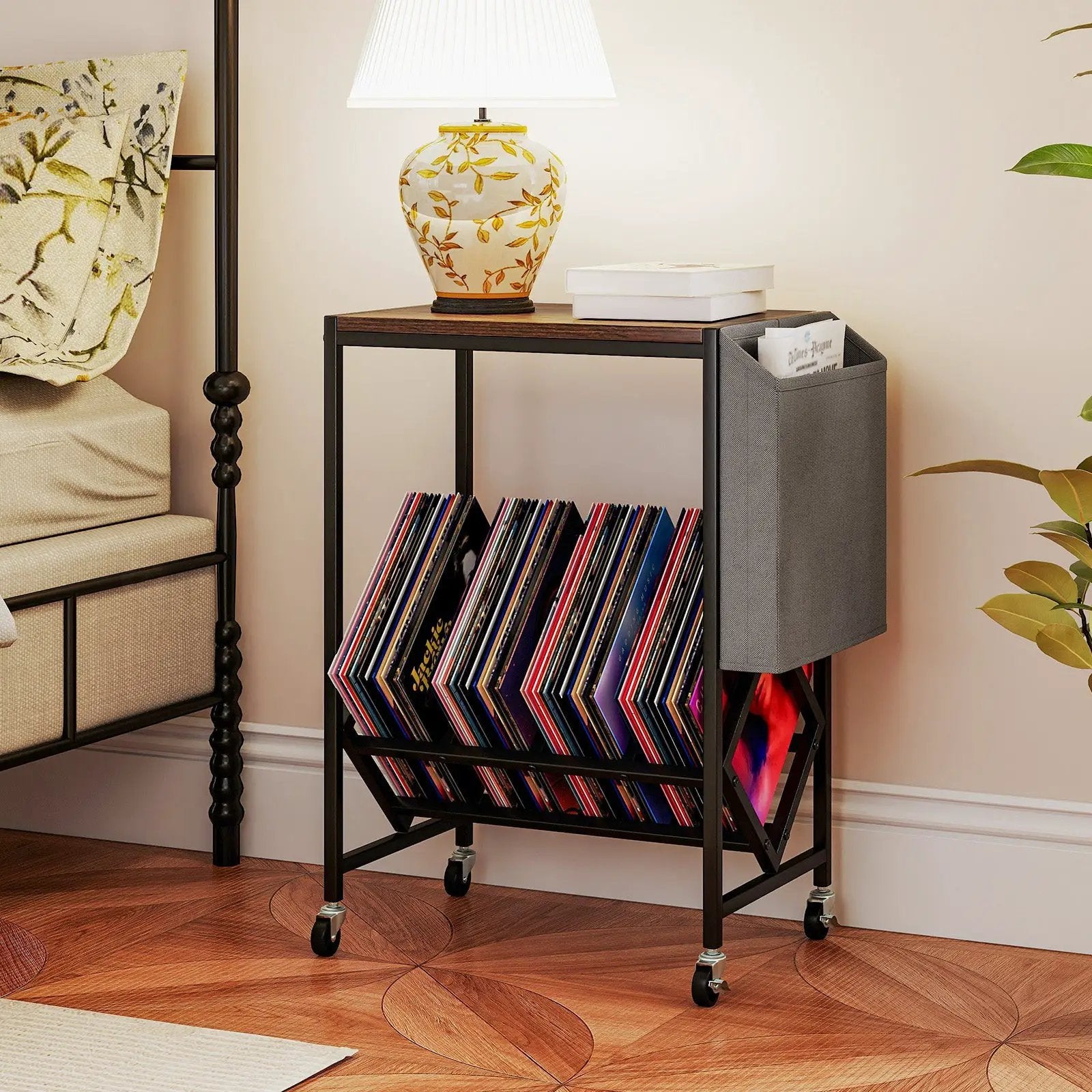Rolling Record Player Stand 2-Tier with Vinyl Storage and Magazine Holder Bag by DirectDeals