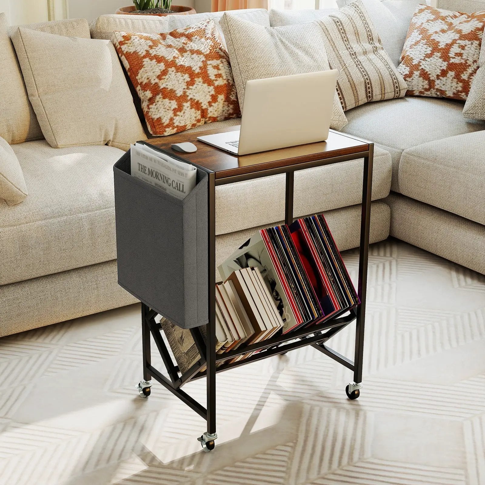 Rolling Record Player Stand 2-Tier with Vinyl Storage and Magazine Holder Bag by DirectDeals