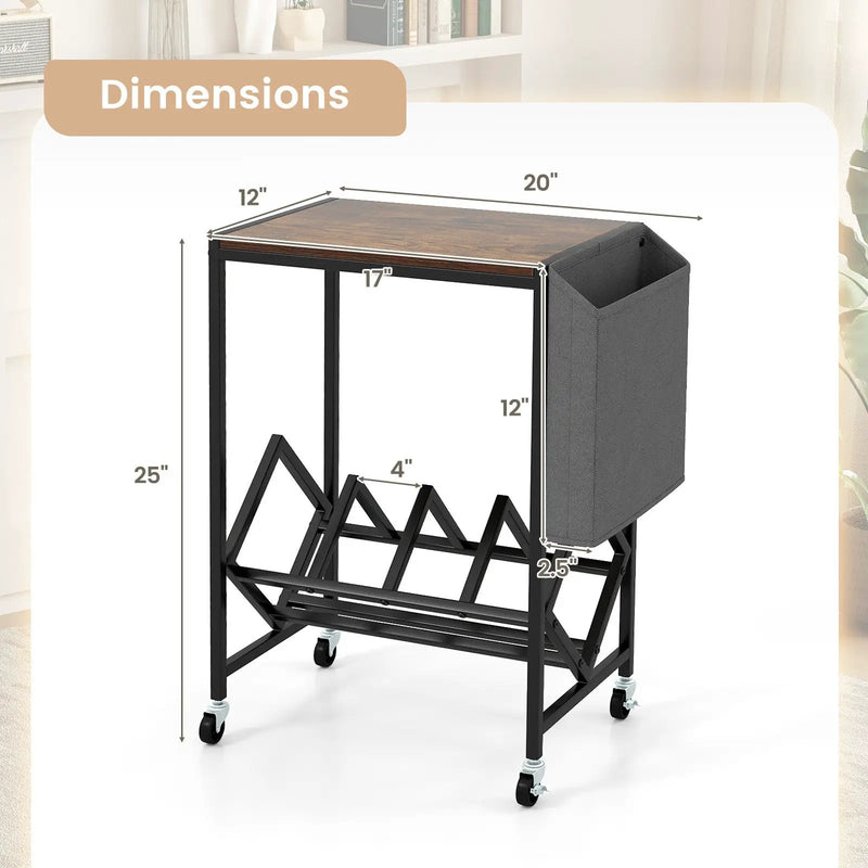 Rolling Record Player Stand 2-Tier with Vinyl Storage and Magazine Holder Bag by DirectDeals