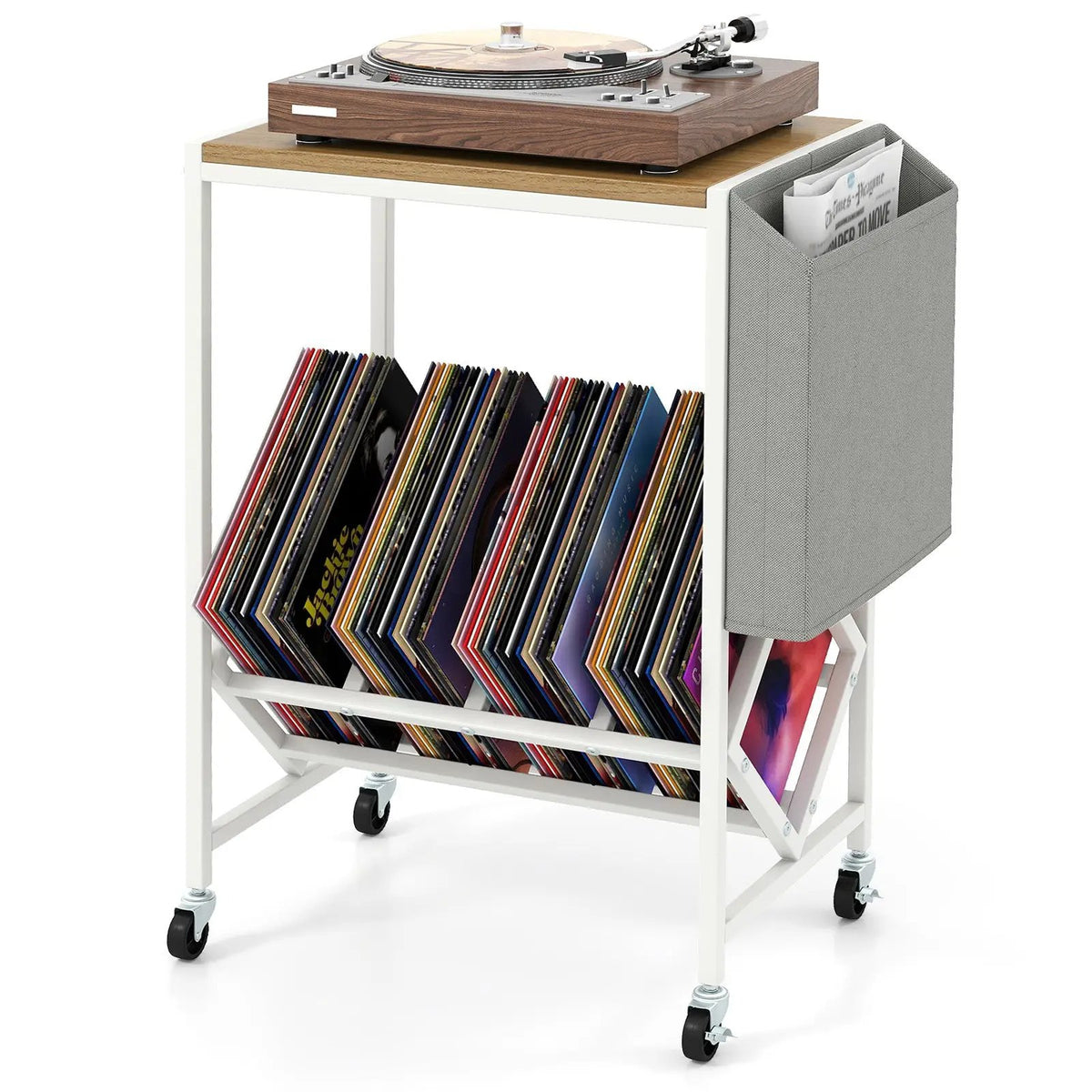 Rolling Record Player Stand 2-Tier with Vinyl Storage and Magazine Holder Bag by DirectDeals