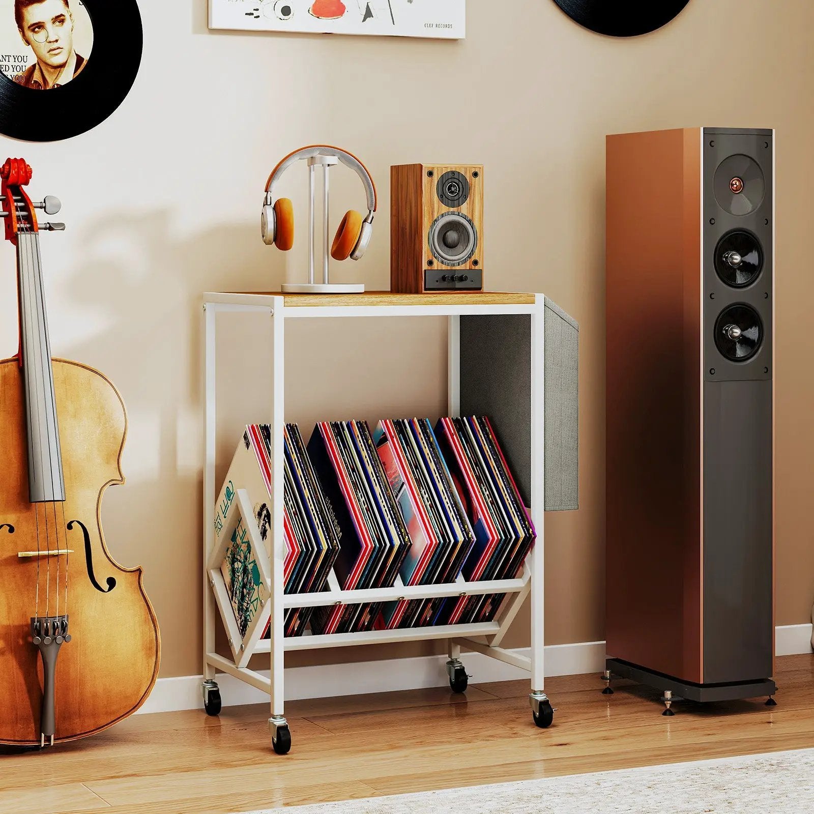 Rolling Record Player Stand 2-Tier with Vinyl Storage and Magazine Holder Bag by DirectDeals