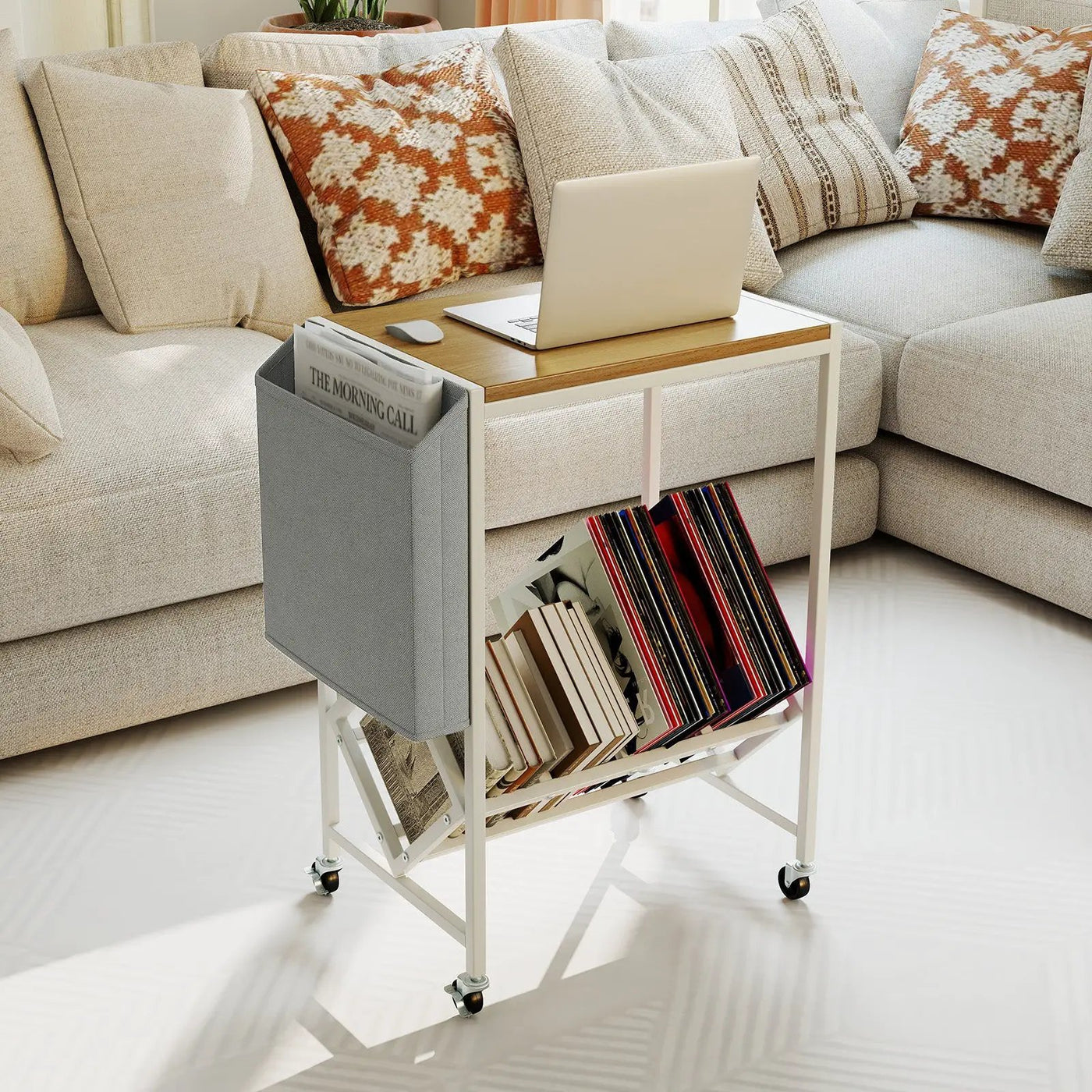 Rolling Record Player Stand 2-Tier with Vinyl Storage and Magazine Holder Bag by DirectDeals