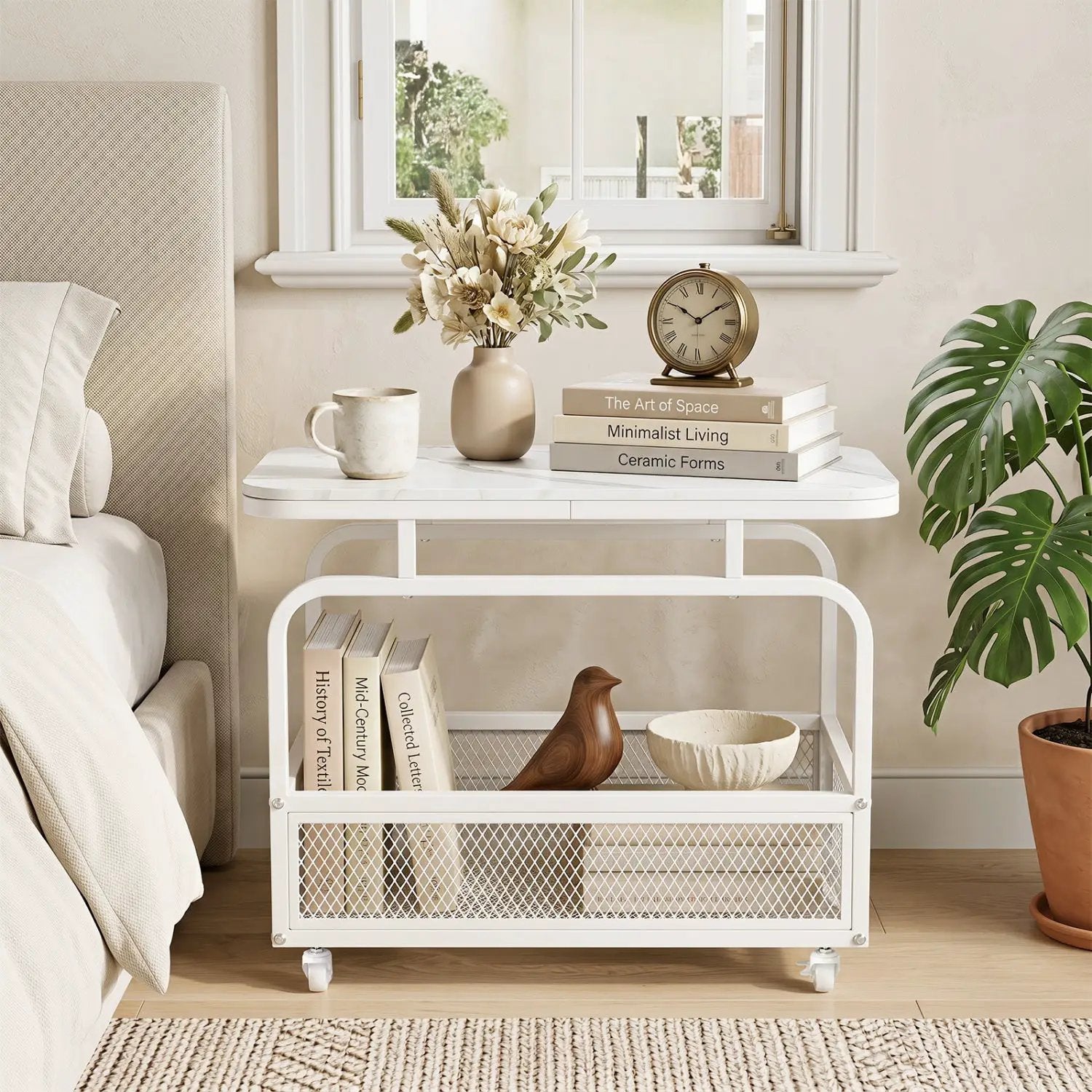 Rolling Side Table with Faux Marble Top and Storage Basket by DirectDeals