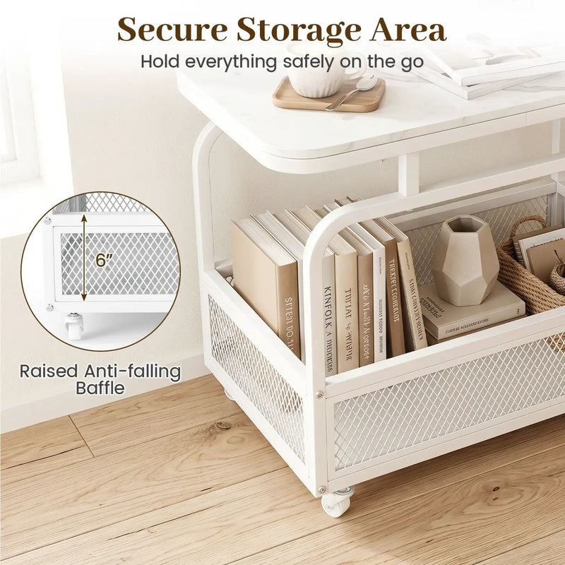 Rolling Side Table with Faux Marble Top and Storage Basket by DirectDeals