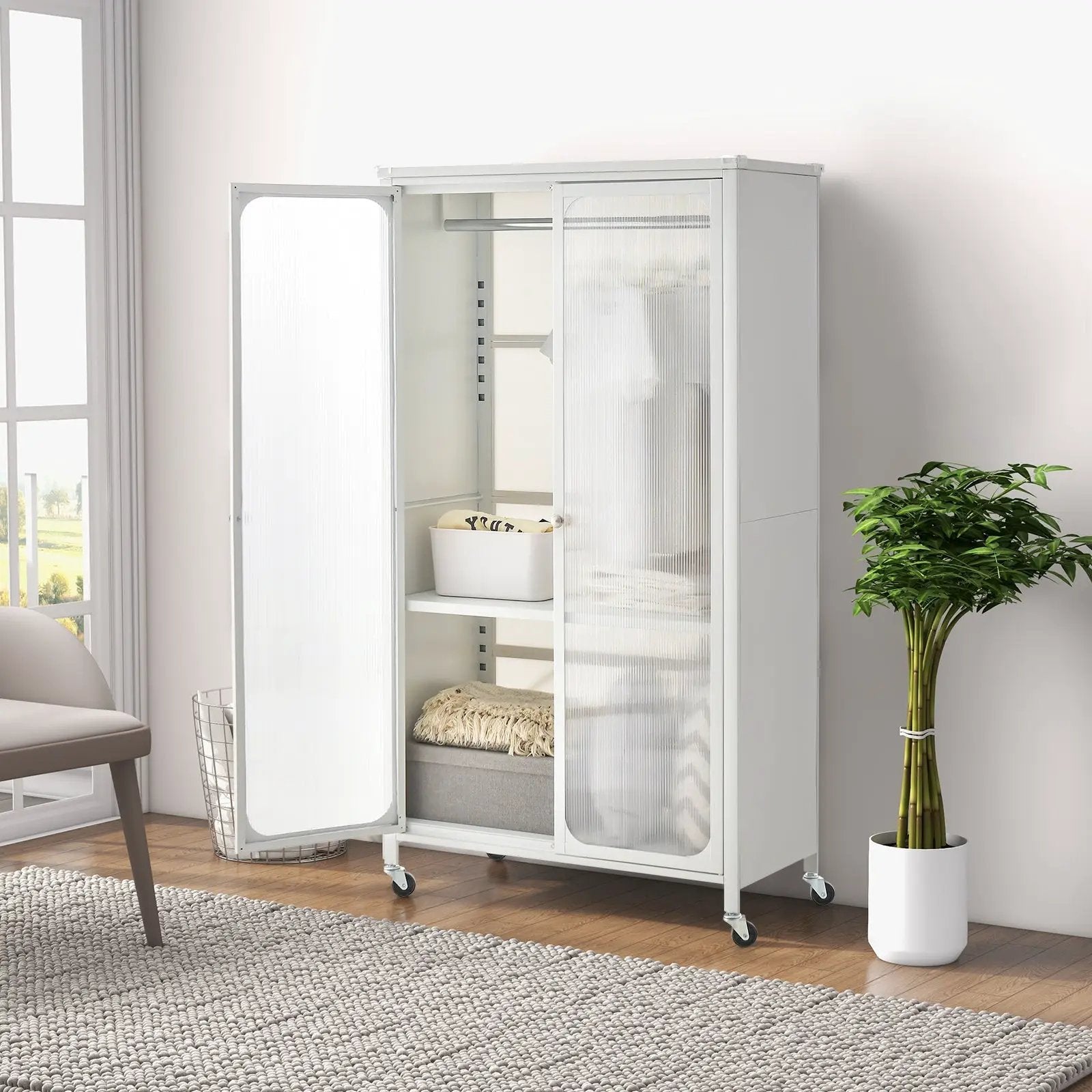 Rolling Storage Armoire Closet with Hanging Rod and Adjustable Shelf-White by DirectDeals