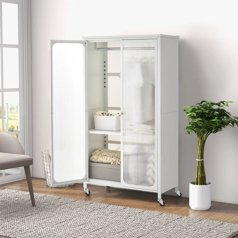 Rolling Storage Armoire Closet with Hanging Rod and Adjustable Shelf-White by DirectDeals