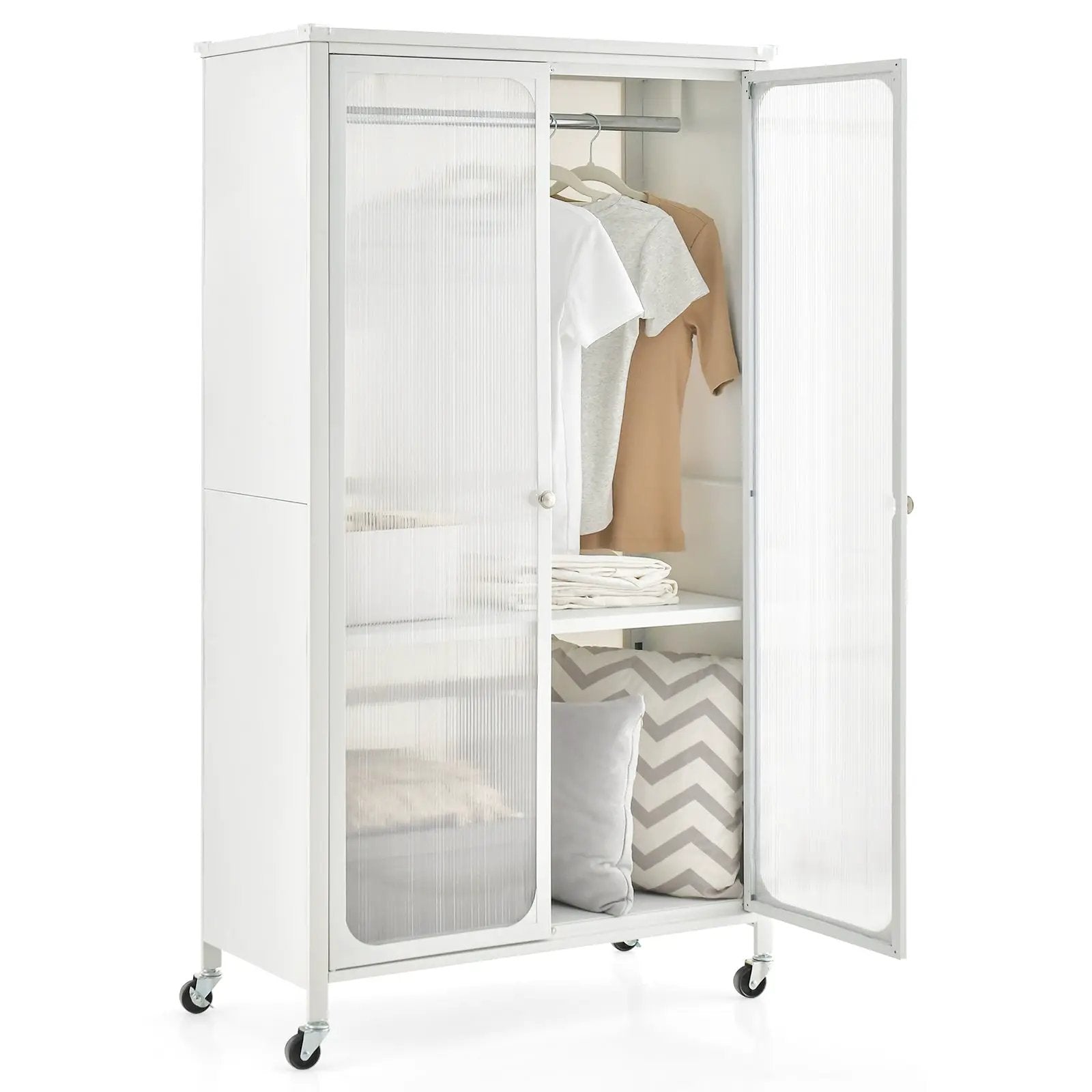 Rolling Storage Armoire Closet with Hanging Rod and Adjustable Shelf-White by DirectDeals