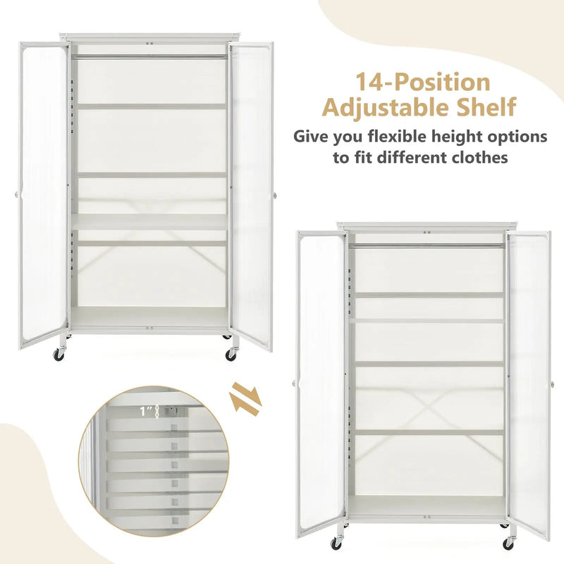 Rolling Storage Armoire Closet with Hanging Rod and Adjustable Shelf-White by DirectDeals