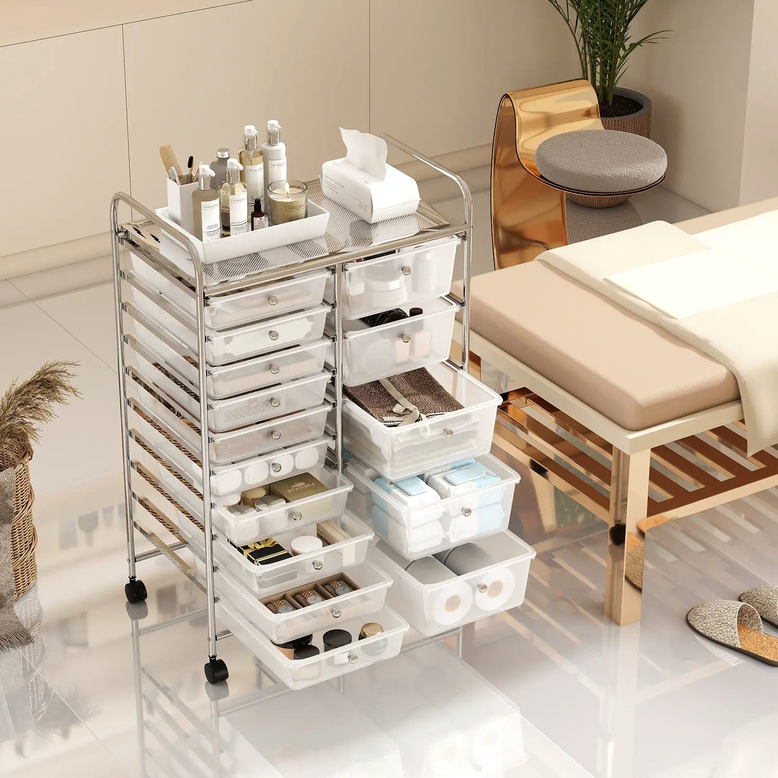 Rolling Storage Cart 15-Drawer Trolley with Chrome Plated Metal Frame by DirectDeals