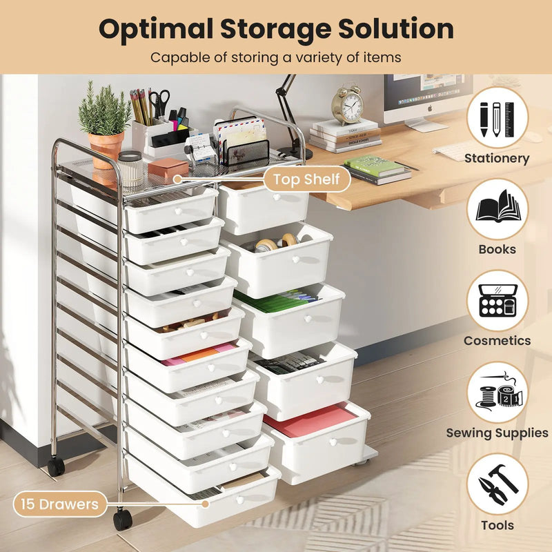 Rolling Storage Cart 15-Drawer Trolley with Chrome Plated Metal Frame by DirectDeals