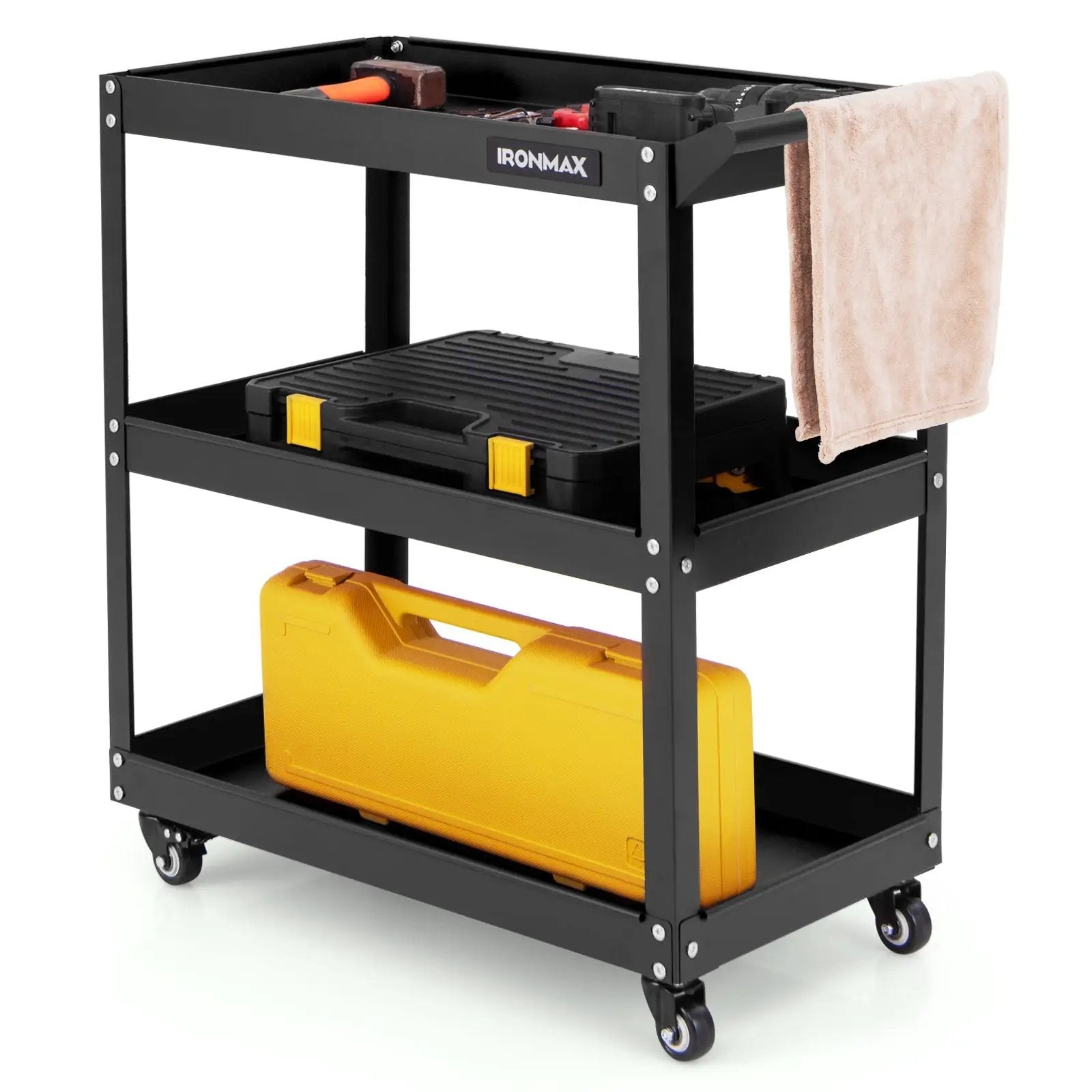 3-Tier Rolling Tool Cart with Spacious Shelves 4 Universal Wheels and 2 Brakes by DirectDeals