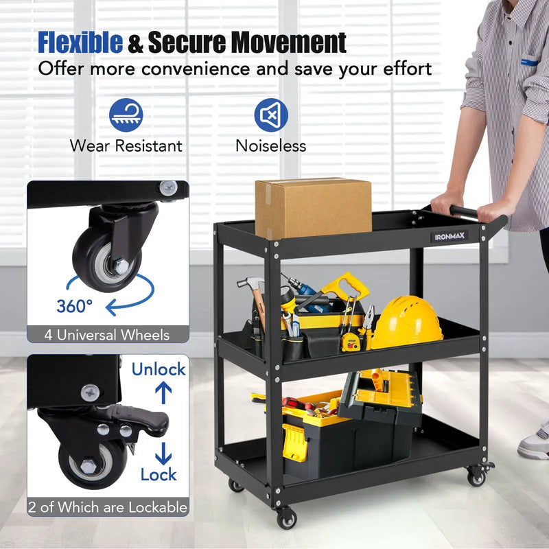 3-Tier Rolling Tool Cart with Spacious Shelves 4 Universal Wheels and 2 Brakes by DirectDeals