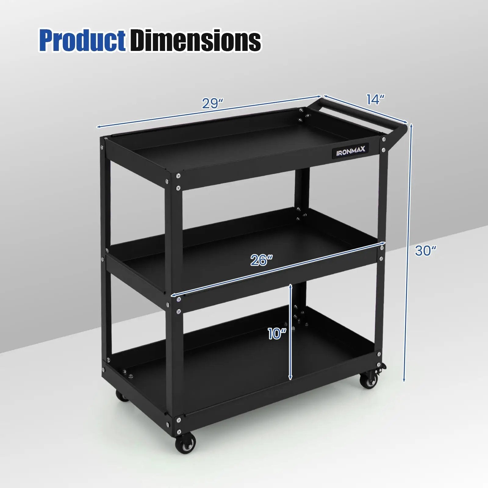 3-Tier Rolling Tool Cart with Spacious Shelves 4 Universal Wheels and 2 Brakes by DirectDeals