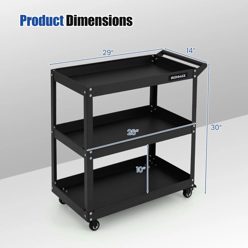 3-Tier Rolling Tool Cart with Spacious Shelves 4 Universal Wheels and 2 Brakes by DirectDeals