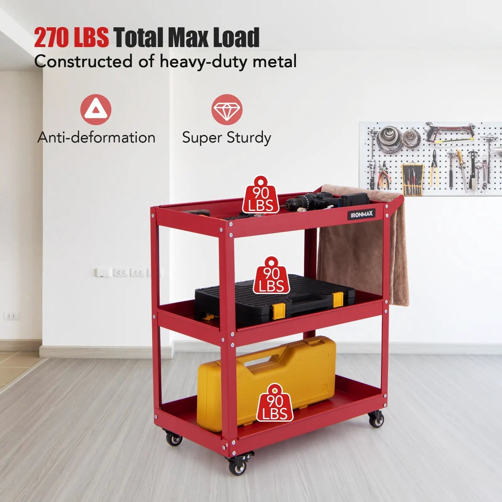 3-Tier Rolling Tool Cart with Spacious Shelves 4 Universal Wheels and 2 Brakes by DirectDeals