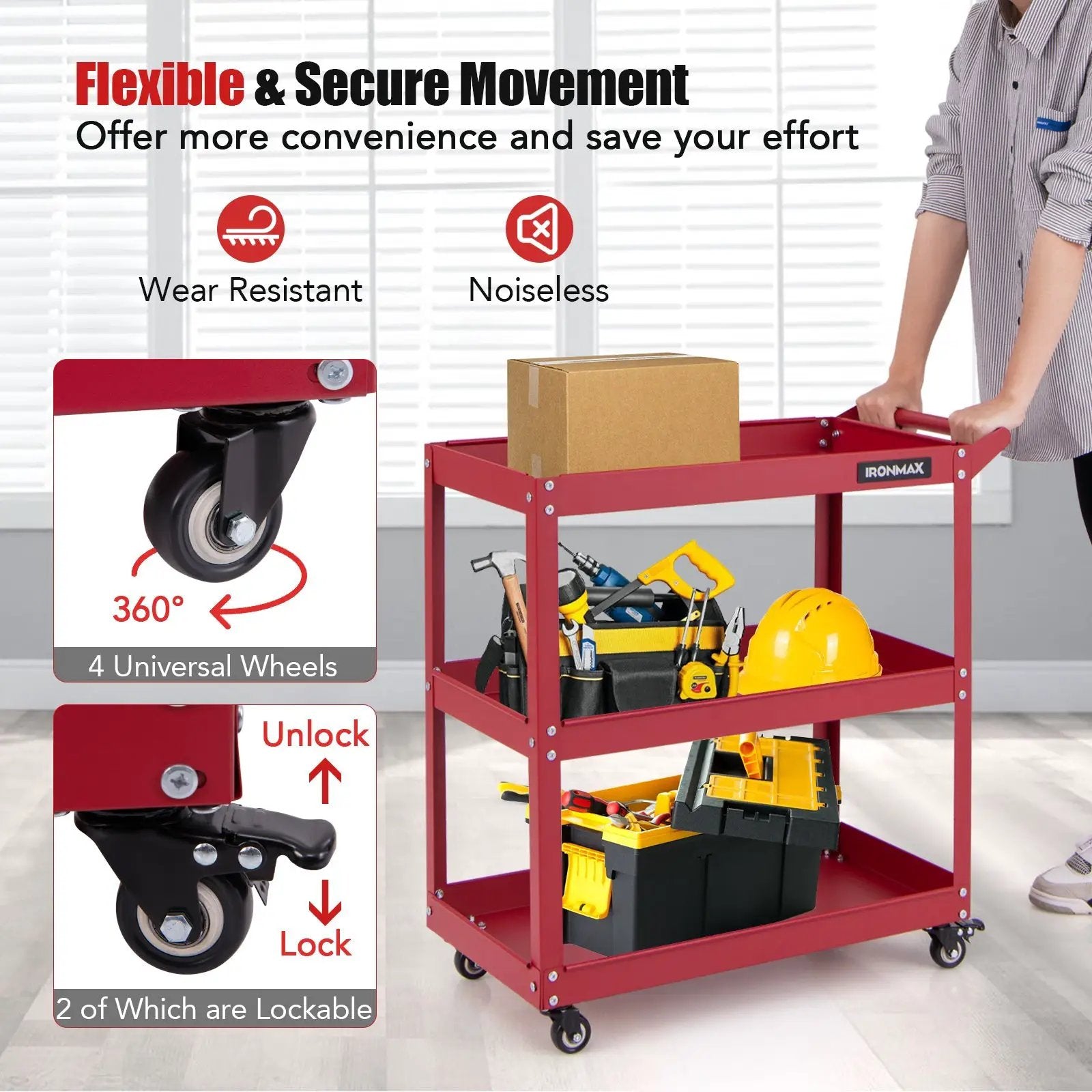 3-Tier Rolling Tool Cart with Spacious Shelves 4 Universal Wheels and 2 Brakes by DirectDeals