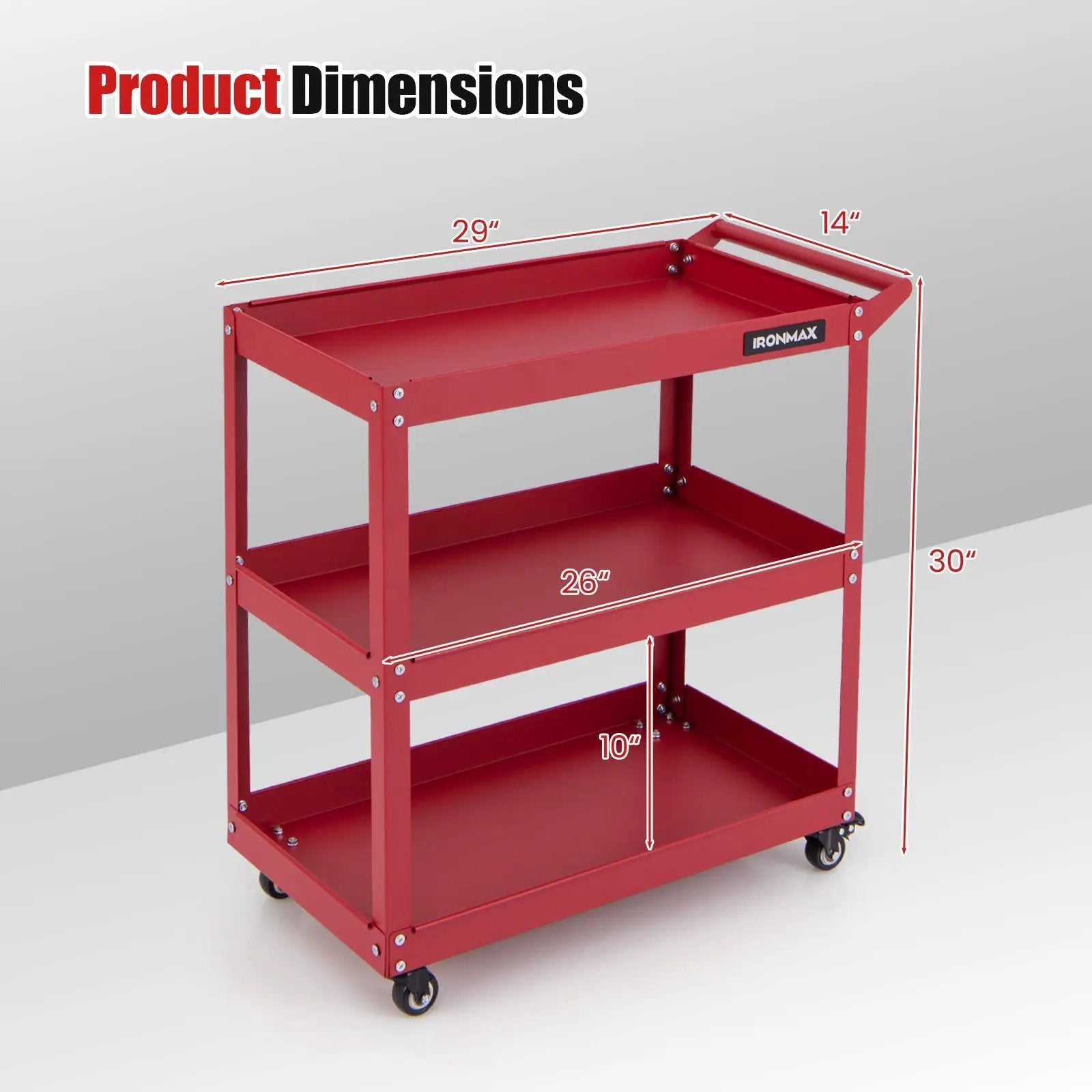 3-Tier Rolling Tool Cart with Spacious Shelves 4 Universal Wheels and 2 Brakes by DirectDeals