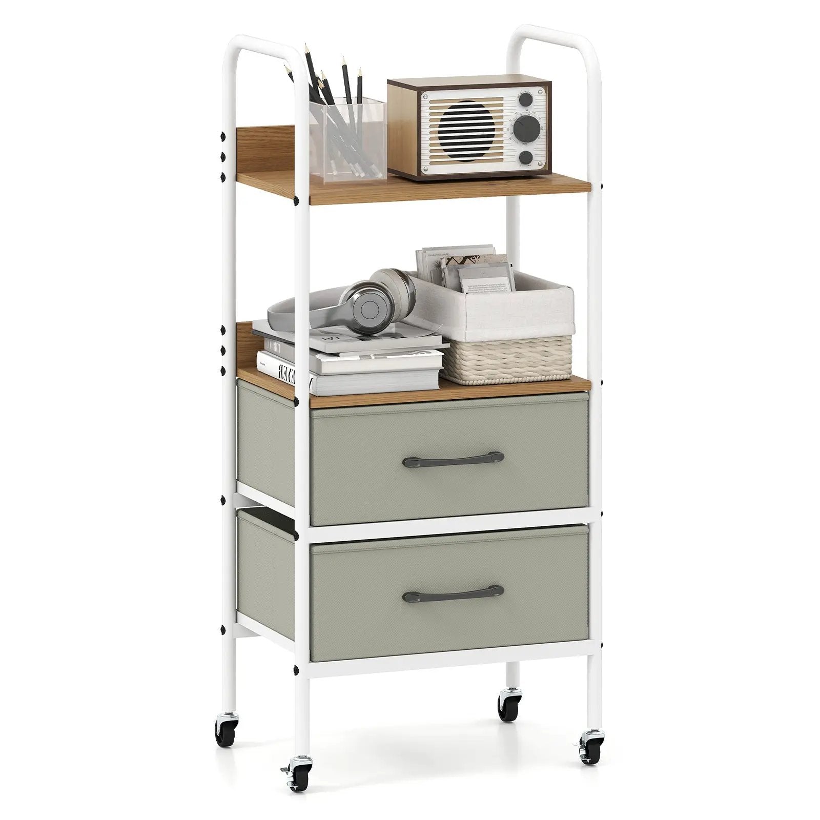 Rolling Utility Storage Cart with 2 Open Shelves and 2 Fabric Drawers-Natural by DirectDeals