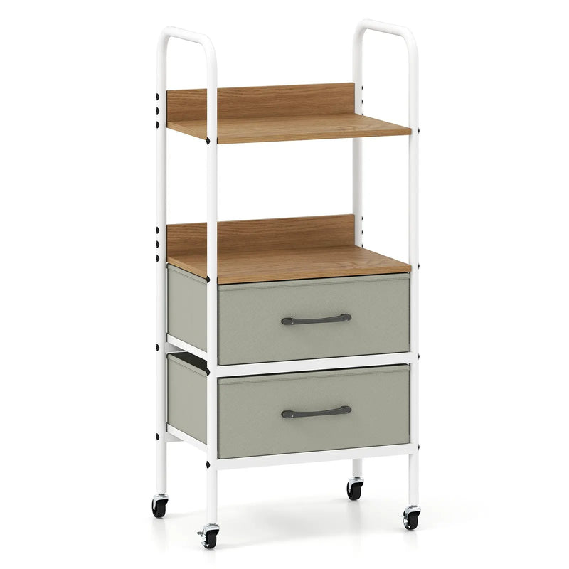 Rolling Utility Storage Cart with 2 Open Shelves and 2 Fabric Drawers-Natural by DirectDeals