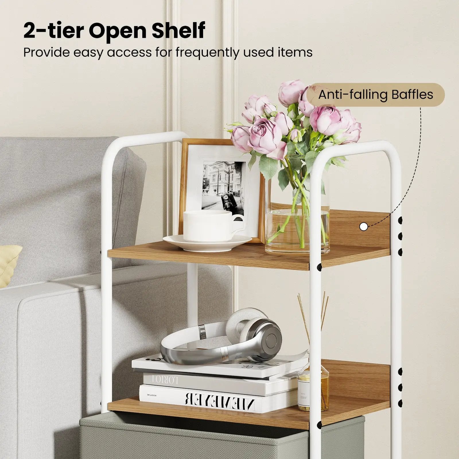 Rolling Utility Storage Cart with 2 Open Shelves and 2 Fabric Drawers-Natural by DirectDeals