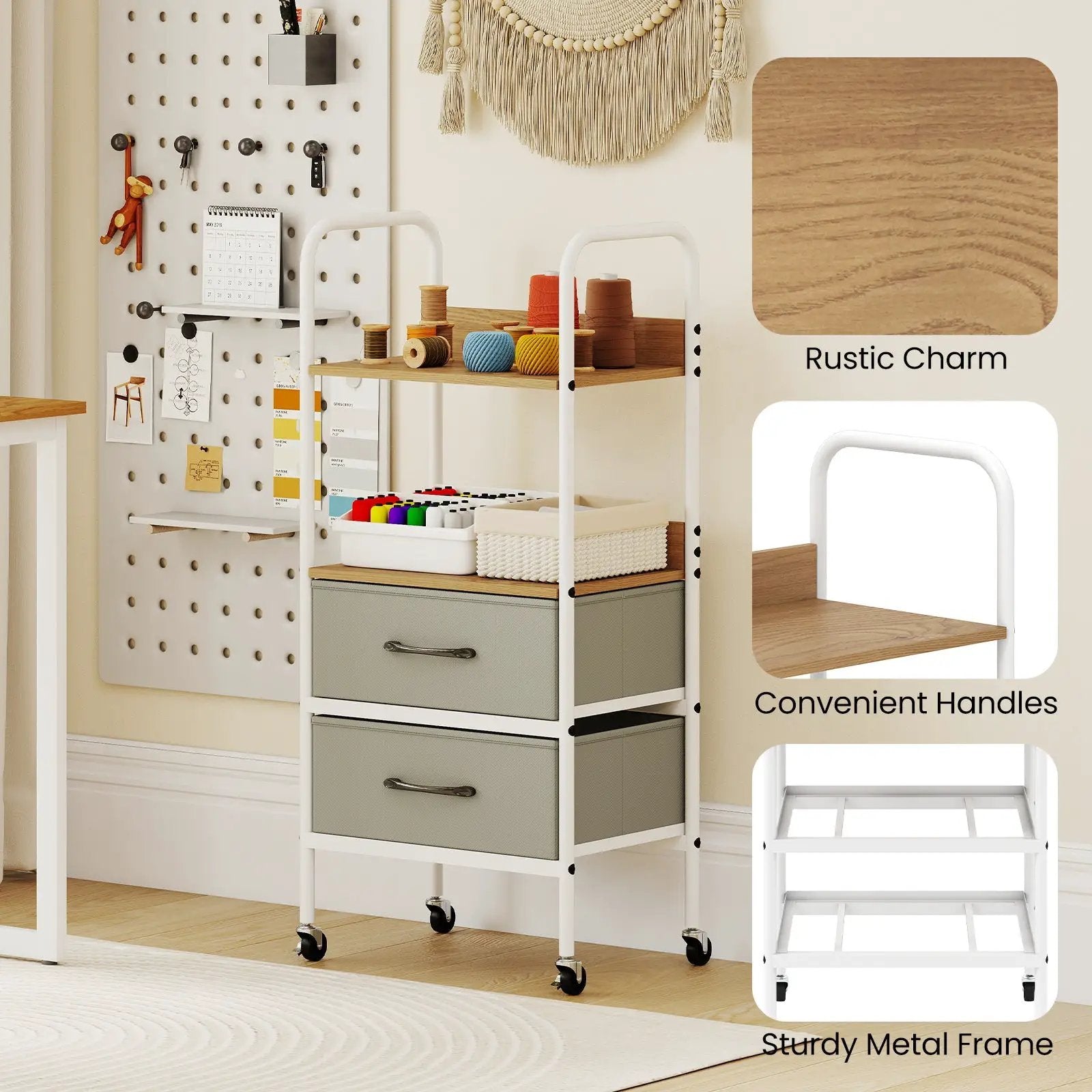 Rolling Utility Storage Cart with 2 Open Shelves and 2 Fabric Drawers-Natural by DirectDeals