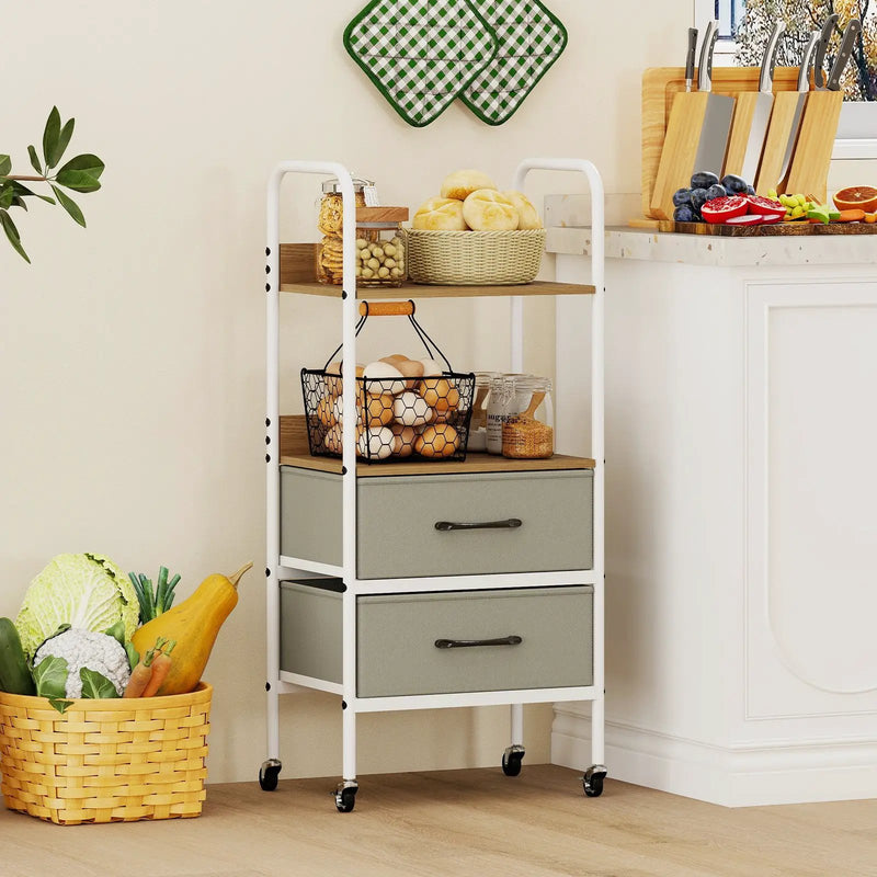Rolling Utility Storage Cart with 2 Open Shelves and 2 Fabric Drawers-Natural by DirectDeals
