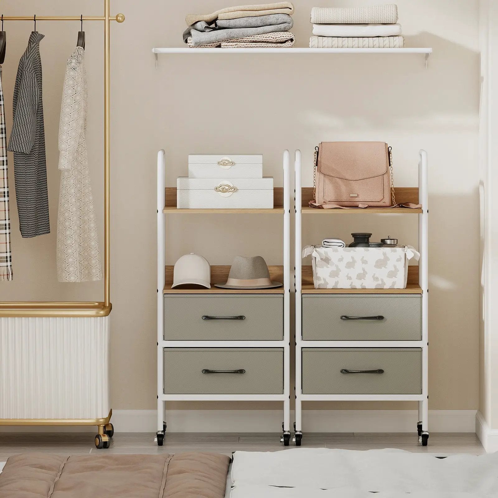 Rolling Utility Storage Cart with 2 Open Shelves and 2 Fabric Drawers-Natural by DirectDeals