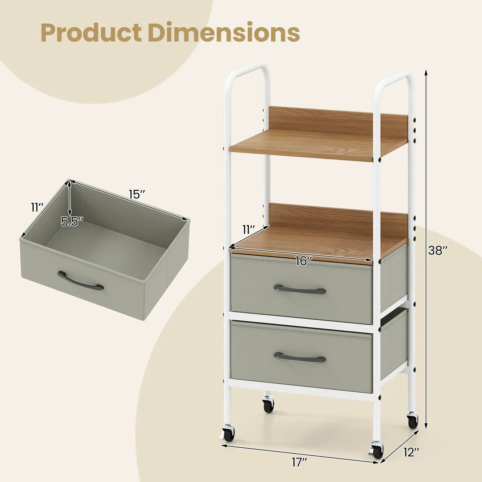 Rolling Utility Storage Cart with 2 Open Shelves and 2 Fabric Drawers-Natural by DirectDeals