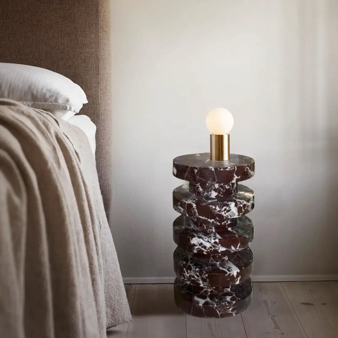 Rosso Levanto Marble Plinth Designer Side Table - Polished 12x24 Inches by GobekDesign