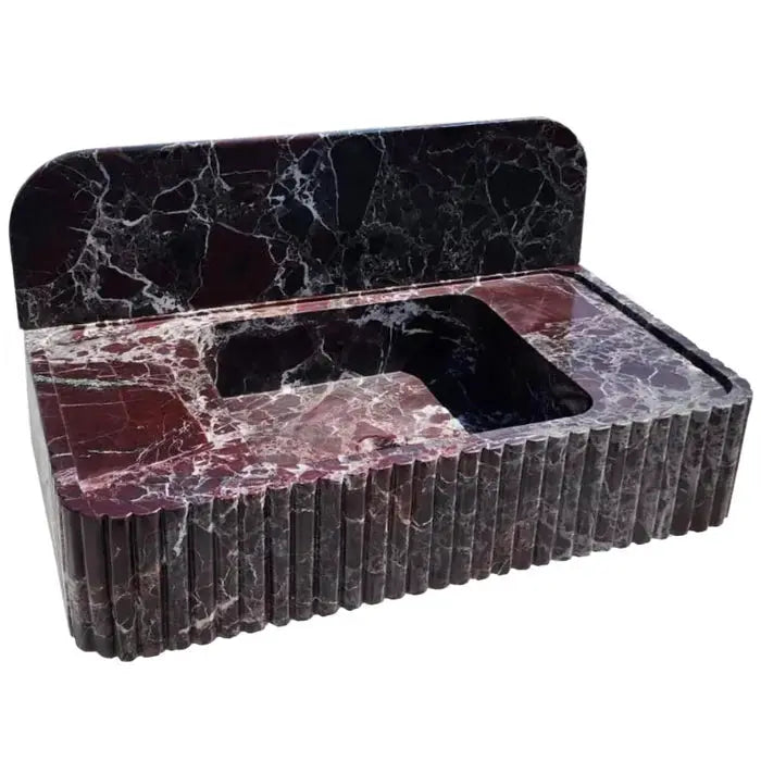 Rosso Levanto Marble Fluted Wall Mount Sink 8 Inch Backsplash by GobekDesign