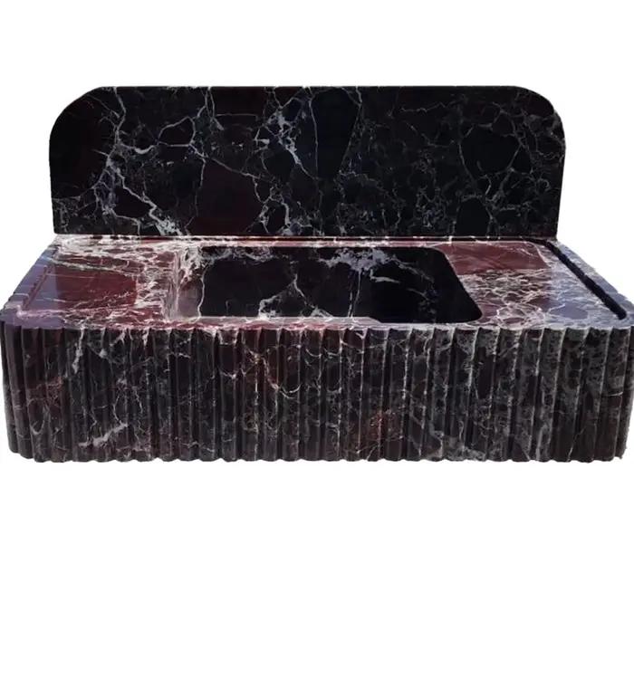 Rosso Levanto Marble Fluted Wall Mount Sink 8 Inch Backsplash by GobekDesign