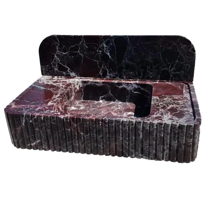 Rosso Levanto Marble Fluted Wall Mount Sink 8 Inch Backsplash by GobekDesign