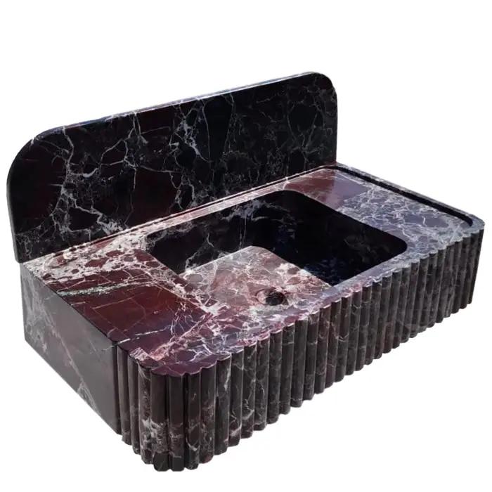Rosso Levanto Marble Fluted Wall Mount Sink 8 Inch Backsplash by GobekDesign