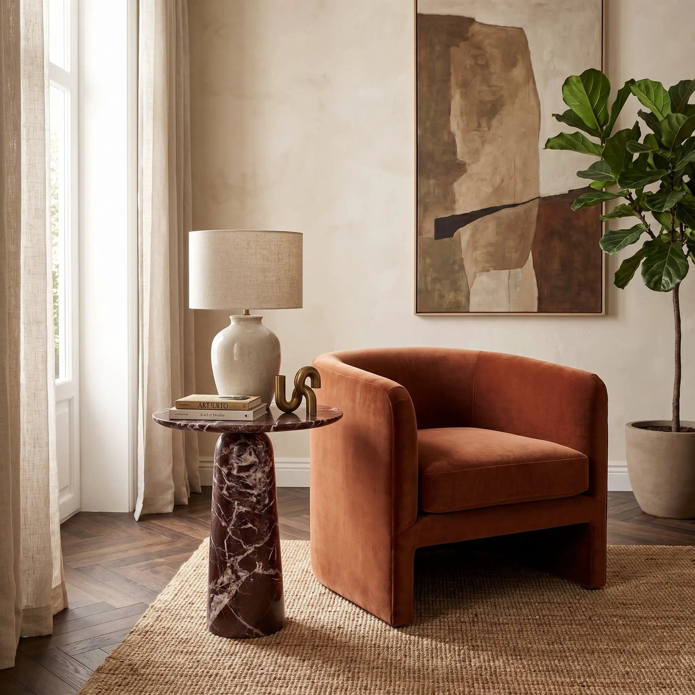 Rosso Levanto Marble Designer Side Table - Polished D12xL17xH20 Inches by GobekDesign
