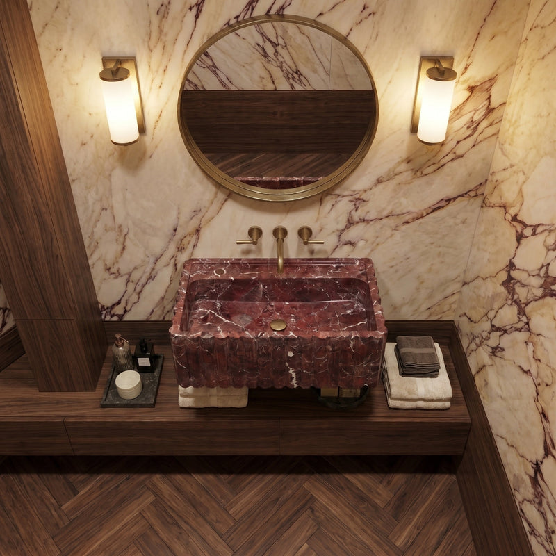 Rosso Levanto Marble Wall-Mount Bathroom Sink Fluted Design 24x16 by GobekDesign