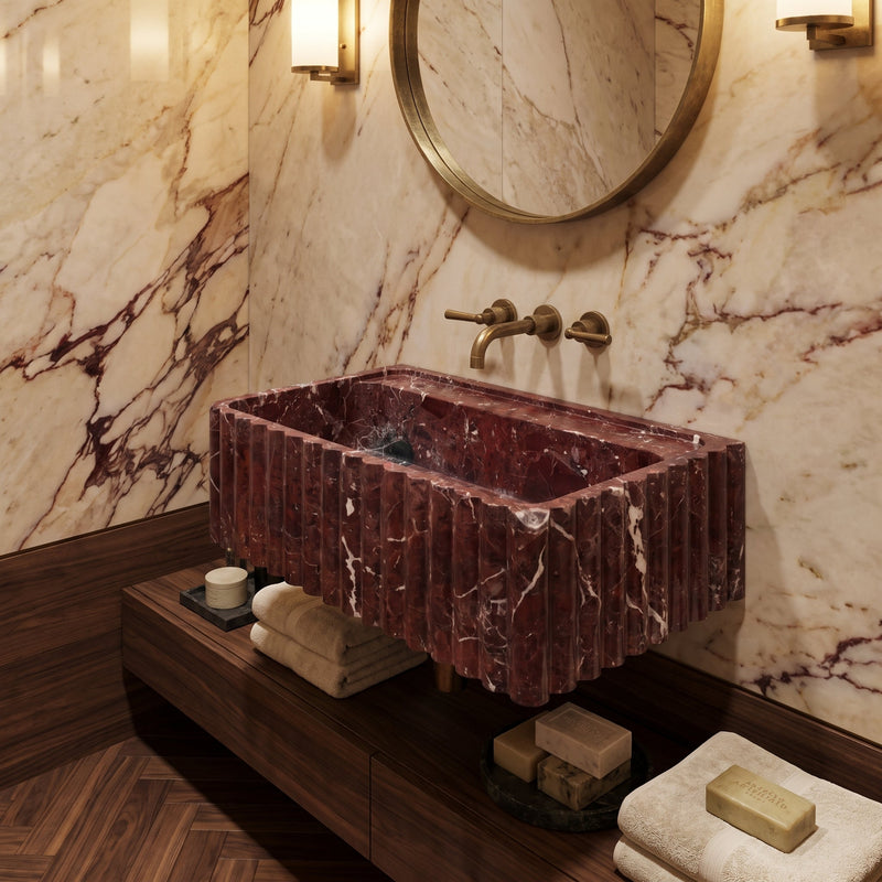 Rosso Levanto Marble Wall-Mount Bathroom Sink Fluted Design 24x16 by GobekDesign