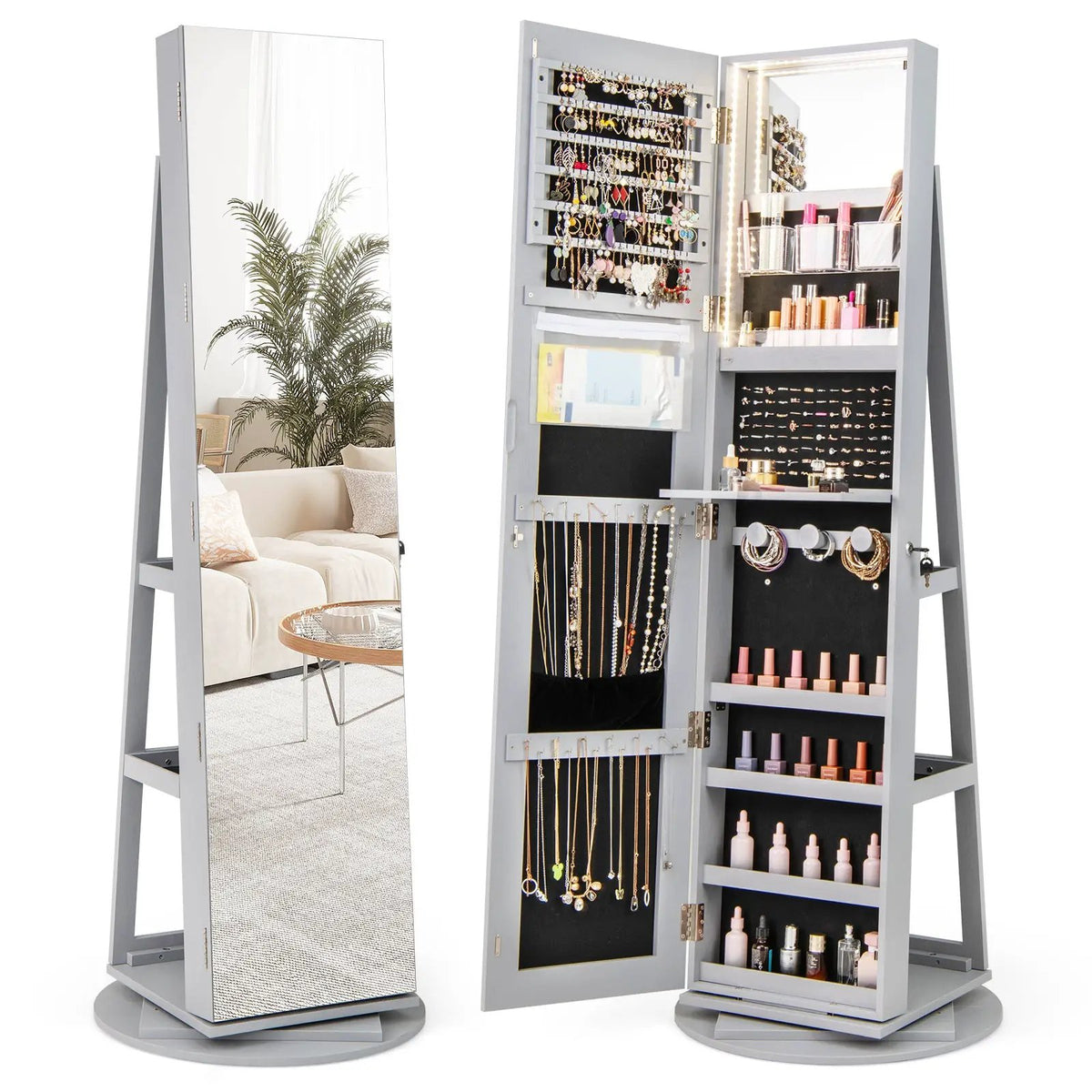 360° Rotating Mirrored Jewelry Cabinet Armoire 3 Color LED Modes Lockable by DirectDeals