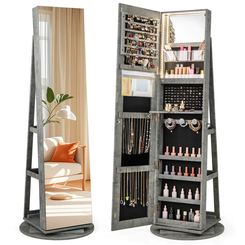 360° Rotating Mirrored Jewelry Cabinet Armoire 3 Color LED Modes Lockable by DirectDeals