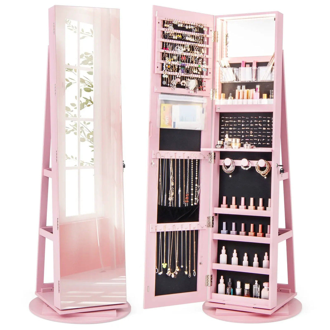 360° Rotating Mirrored Jewelry Cabinet Armoire 3 Color LED Modes Lockable by DirectDeals