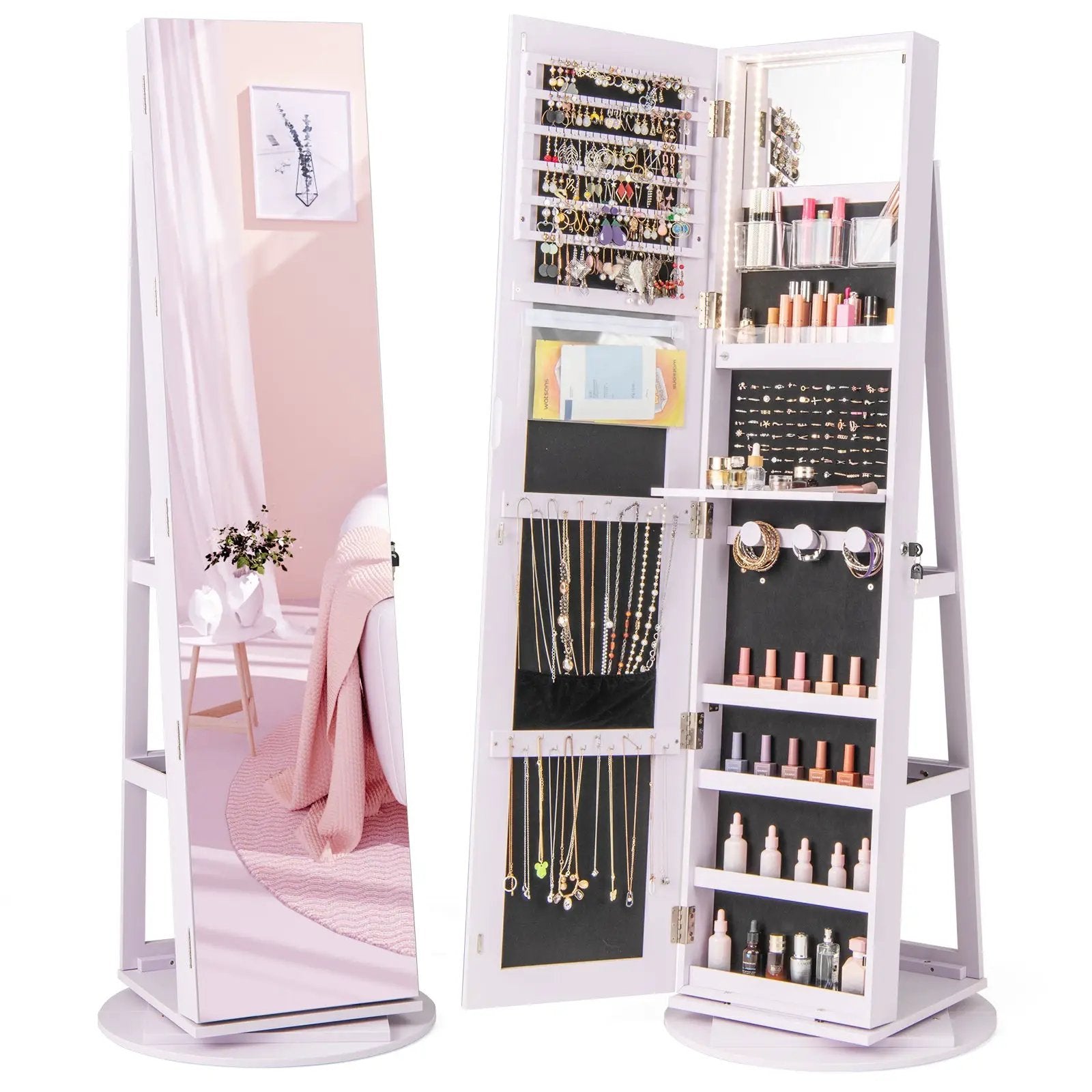 360° Rotating Mirrored Jewelry Cabinet Armoire 3 Color LED Modes Lockable by DirectDeals