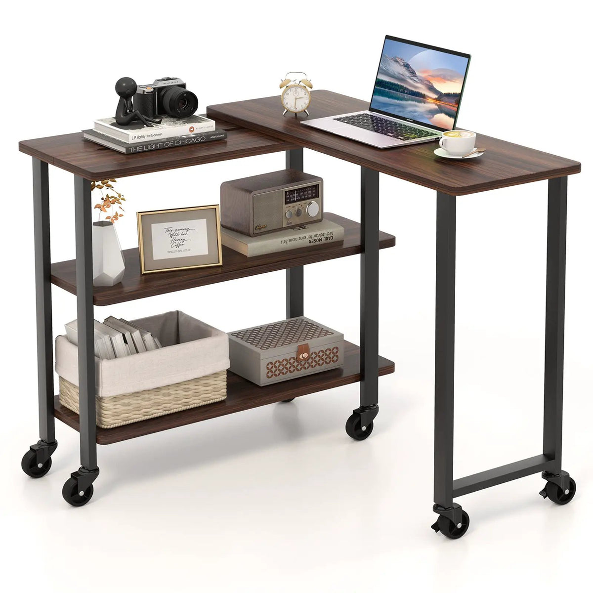 360° Rotating Sofa Side Table with Storage Shelves and Wheels by DirectDeals