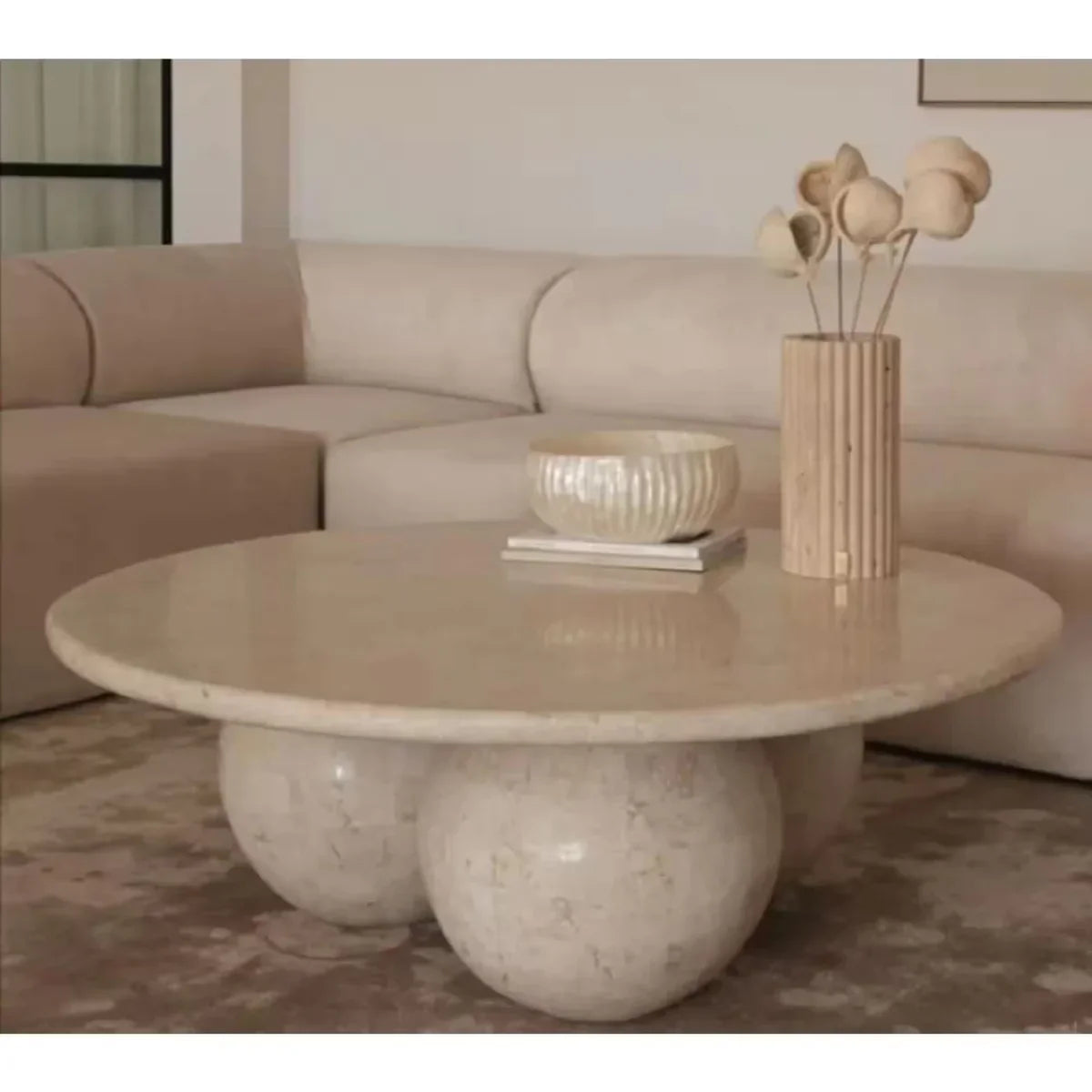 Troia Light Travertine Round Designer Coffee Table with Sphere Legs by GobekDesign