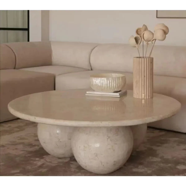 Light Travertine Designer Round Coffee Table with Sphere Legs